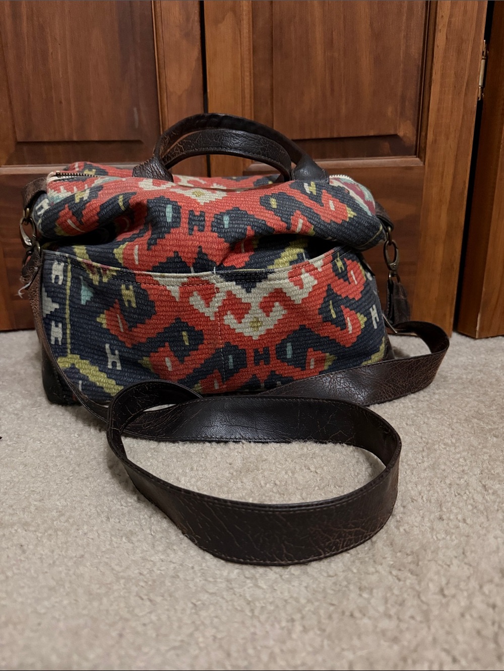 Patterned Red & Navy Canvas Camera Bag with Dark Brown Leather Trim